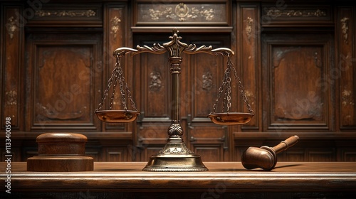 Antique brass scale of justice on a wooden table with gavel and stamp.