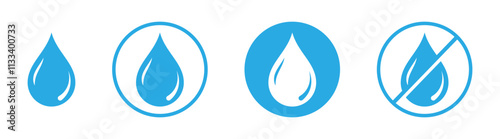 Water drop shape. Water droplets icon collection in the circle. Set of no water drop sign symbol.