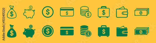 Finance icons. Business Icons, money signs. Moneybag or stash. Piggy bank flat style. Growth chart.