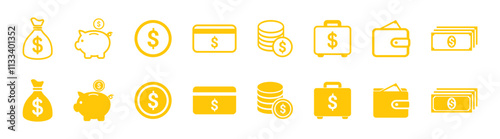 Finance icons. Business Icons, money signs. Moneybag or stash. Piggy bank flat style. Growth chart.