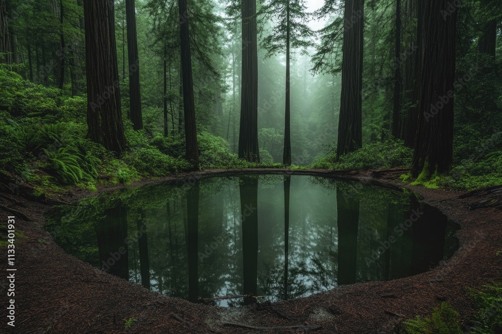 Obraz premium Serene pond mirroring redwood forest in misty atmosphere, creating a magical scene.