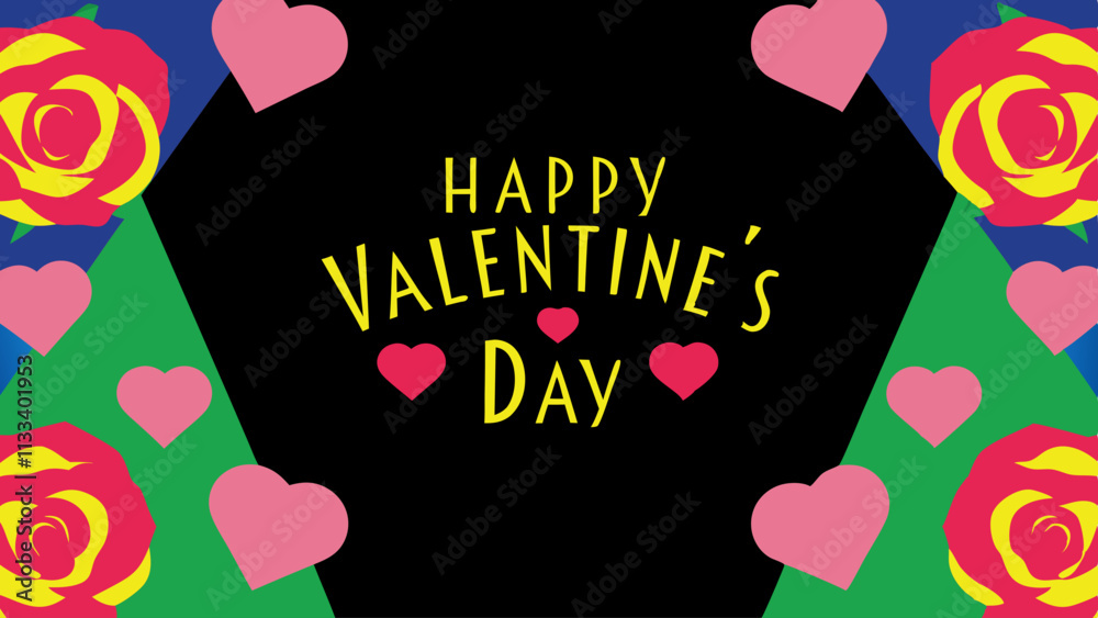 Happy Valentine's day, hearts and roses, vintage design, retro card illustration
