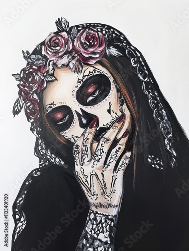 Artistic depictions of the goddess of love and death, featuring vibrant floral elements, skeletal motifs, and symbolic contrasts between life and mortality on canvas.