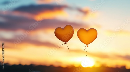 Romantic sunset with heart-shaped balloons outdoor photography serene atmosphere love concept photo