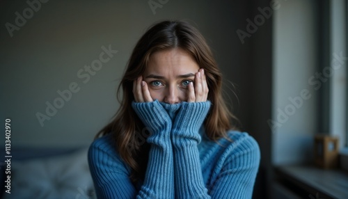 A young woman wearing a blue sweater covering her face, reflecting emotions of winter blues
