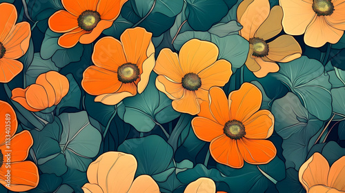 Art nouveau flowers background in teal orange colors.illusttration