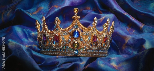 A golden crown adorned with colorful gemstones on a silky fabric background. photo