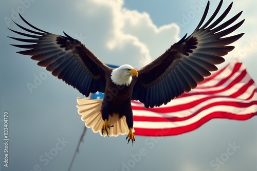 Bald Eagle in Flight with American Flag Backdrop