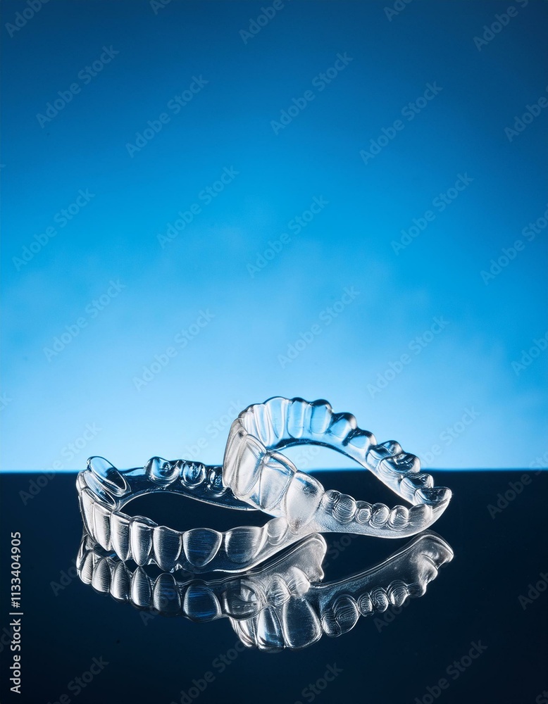 Clear Dental Aligners on Blue Background Clear Dental Aligners on Blue Background