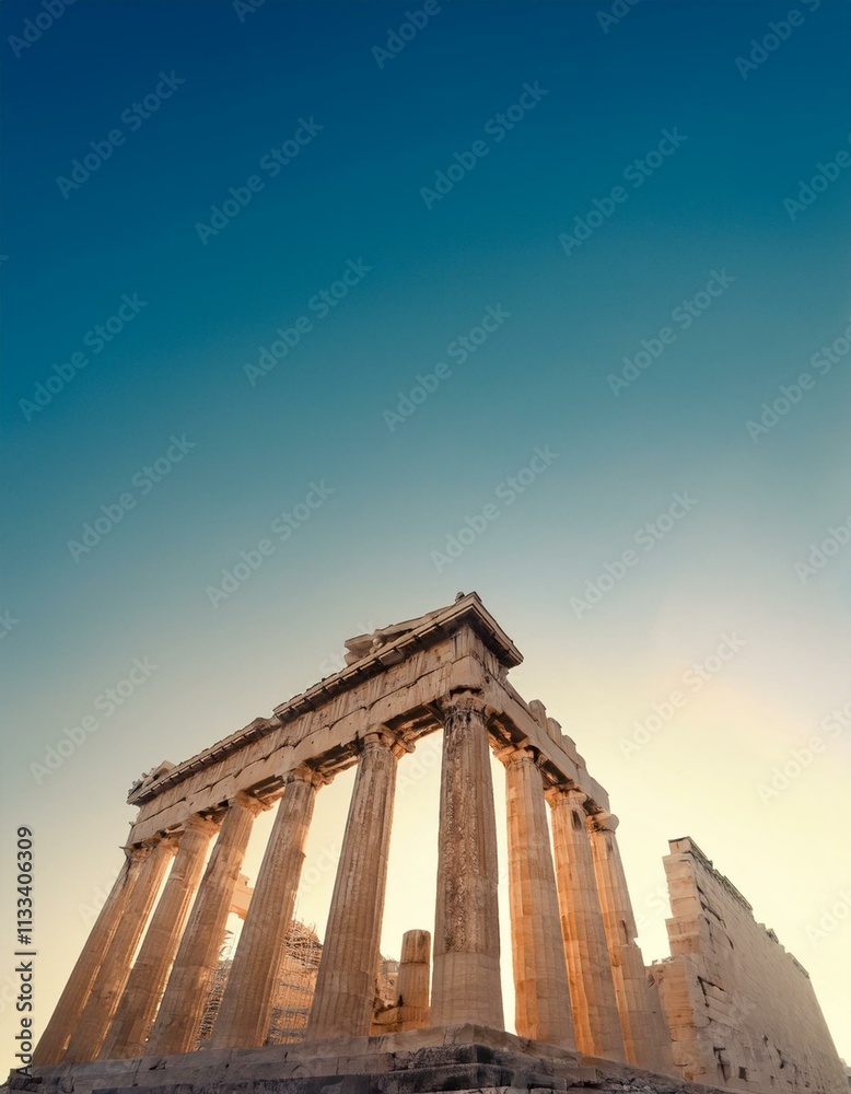 Obraz premium Ancient Greek temple at sunset, golden hour light illuminating the majestic columns.