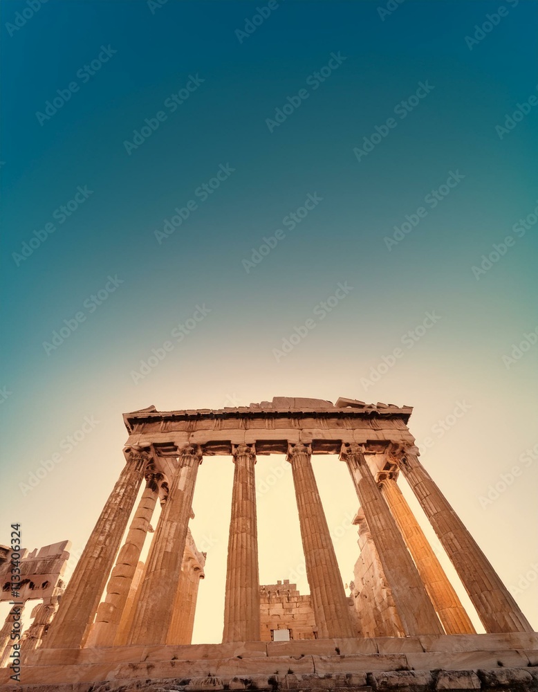 Fototapeta premium Ancient Greek temple ruins bathed in warm sunlight against a vibrant blue sky.
