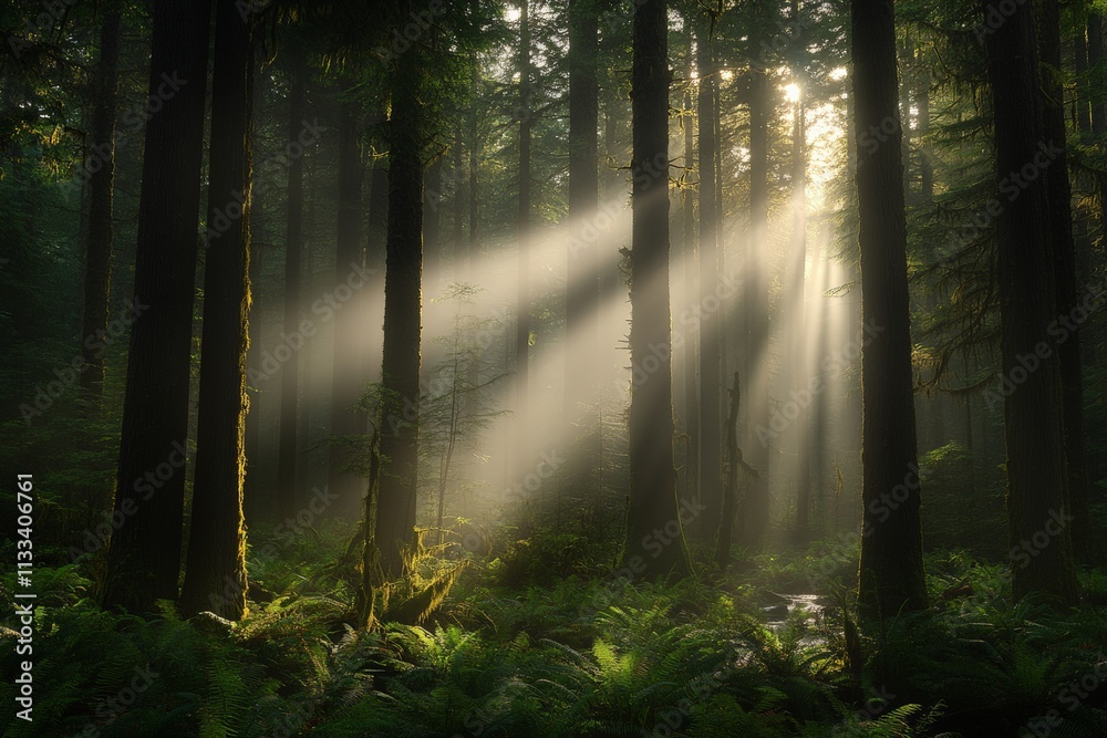 Obraz premium Light streams through tall trees in a lush forest during the early morning hours with mist enhancing the serene atmosphere