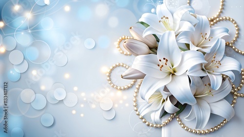 Elegant bouquet of white lilies adorned with pearls on a soft blue bokeh background.