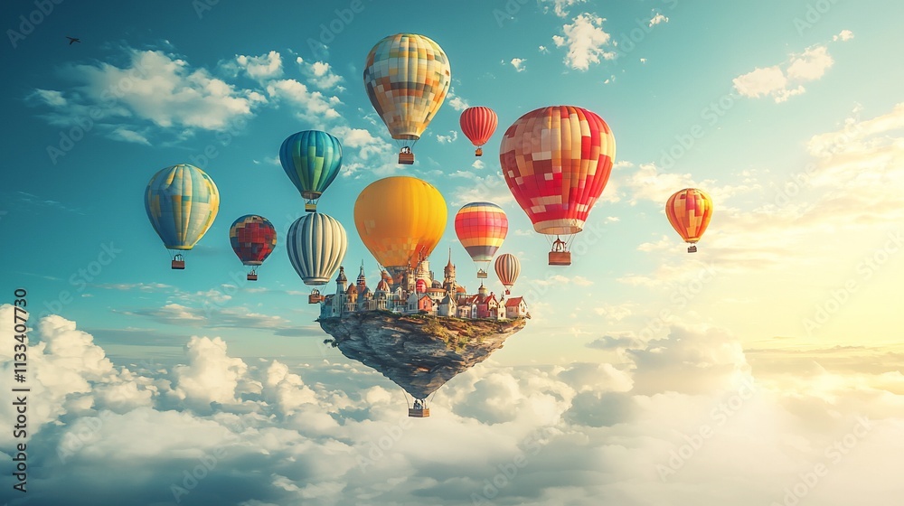 Fototapeta premium Floating island with balloons in clouds and sunlight.