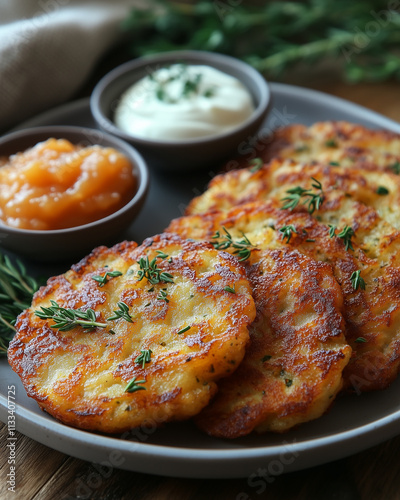 A plate of golden, crispy latkes garnished with fresh herbs, served with small bowls of applesauce and sour cream on the side.  Hanukkah  photo