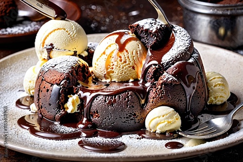 plate with a decadent chocolate lava cake topped three scoops of ice cream and drizzled rich dark sauce the is sitting on wooden surface spoon fork beside it another bowl in background