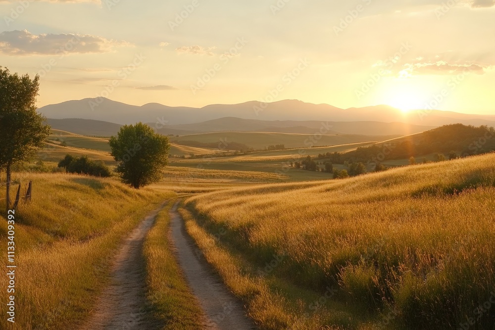 Obraz premium Scenic dirt road through golden fields at sunset in a serene rural landscape