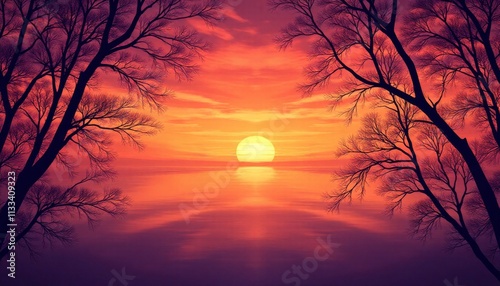 Sunset sky with orange to purple hues and delicate tree silhouettes photo