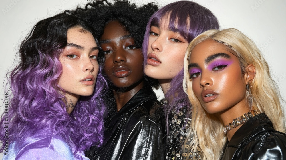 Fototapeta premium Four women with different hair colors and styles are posing for a photo