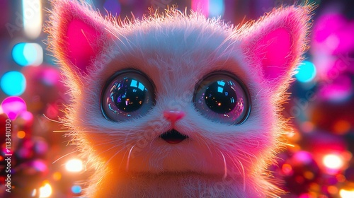 Fluffy kitten with bright eyes gazes at the viewer.