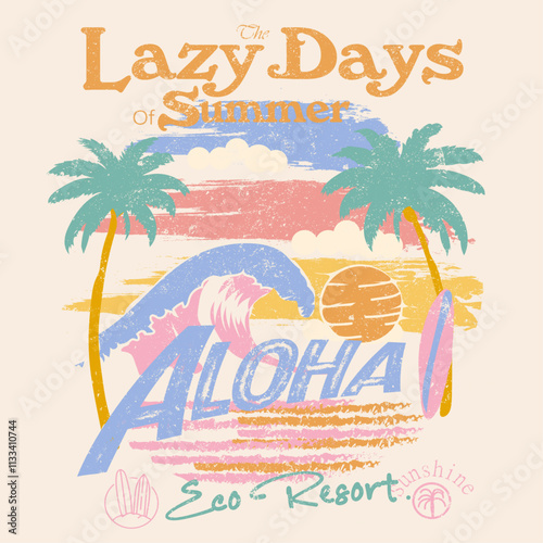 Girls Summer Graphic design. women's color hand drawn t-shirt print. surfing under the big waves . vintage t shirt design. retro color print. aloha eco resort. colorful beach graphics.