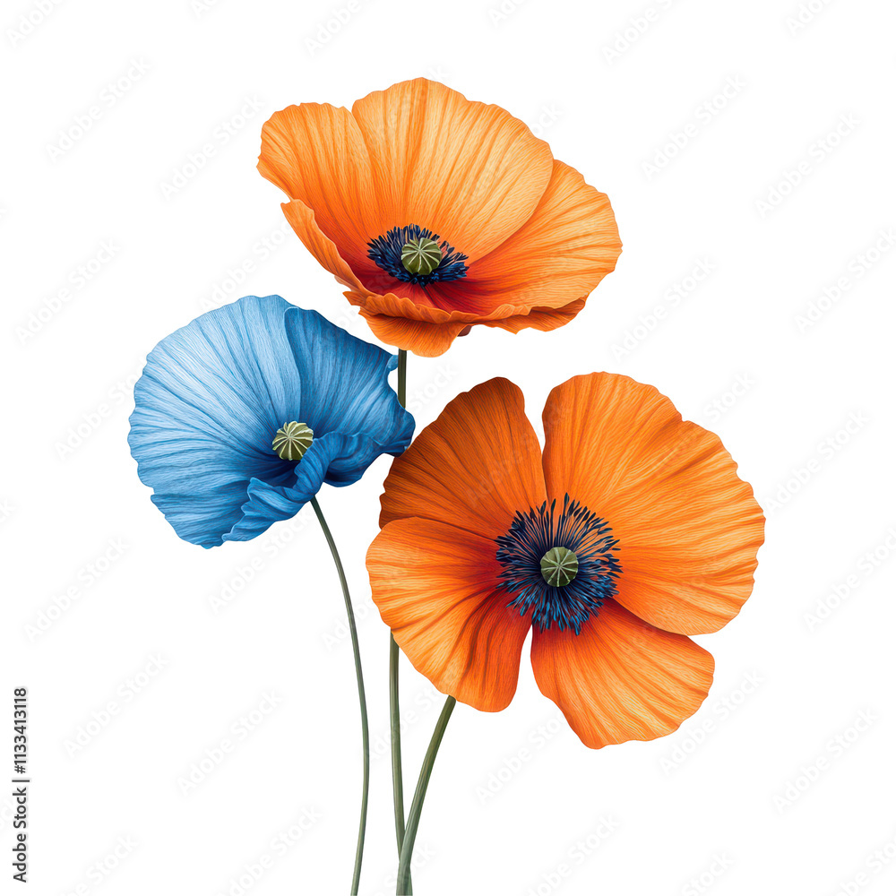 Fototapeta premium Vibrant orange and blue poppies arranged against a clean transparent background showcasing natural beauty and colors, an realistic orange and blue poppies, transparent background.