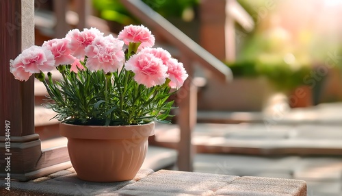 Pink flowers pot on house doorstep 