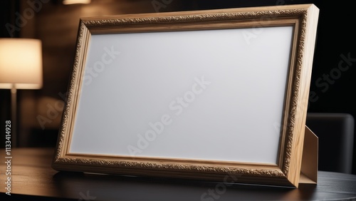 white mockup for text in a wooden frame stands on the table