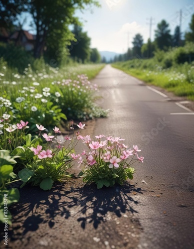 Lush wild radish blooms lining a road in full springtime glory, natural scenery, flowering weed, growing wild, roadside beauty, roadside plants photo