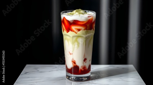 Iced strawberry matcha latte on marble countertop, large space for copy