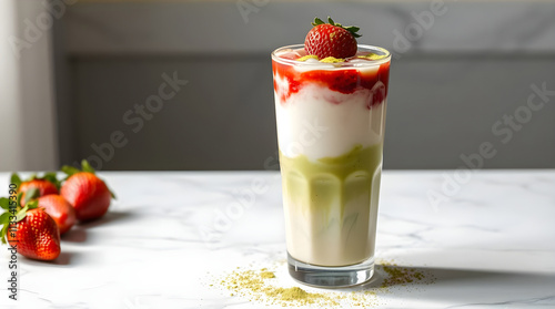 Iced strawberry matcha latte on marble countertop, large space for copy
