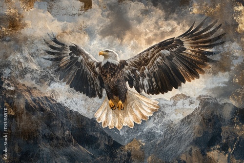 Majestic bald eagle in flight over dramatic, snow-capped mountains. photo