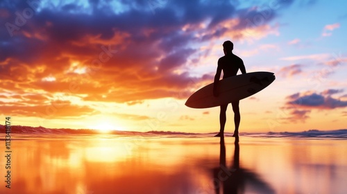 A silhouette of a surfer holding a surfboard at sunset on a beach, with vibrant orange and blue hues in the sky and reflections on the wet sand
