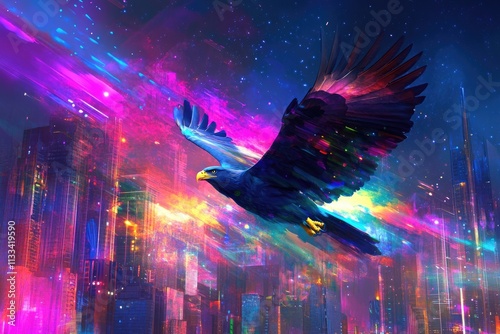 A vibrant eagle soars through a neon-drenched cityscape under a starry sky. photo