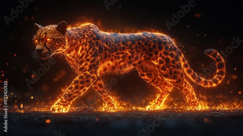 Fiery cheetah walking on glowing embers. photo