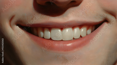 Close-up of a male face's lower half, showcasing a bright, charming smile with flawless teeth, framed by a strong chin and nose.illustration