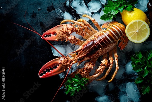 Lobster on ice with fresh herbs and lemon in an elegant culinary arrangement photo