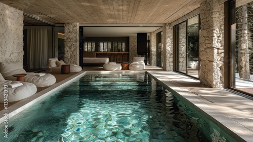 Wallpaper Mural A serene indoor pool area with natural stone walls and cozy seating for relaxation. Torontodigital.ca