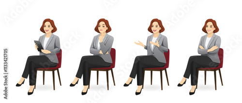 Elegant beautiful mature full-figured business woman in suit sitting in the chair half turn view different gestures set isolated vector illustration