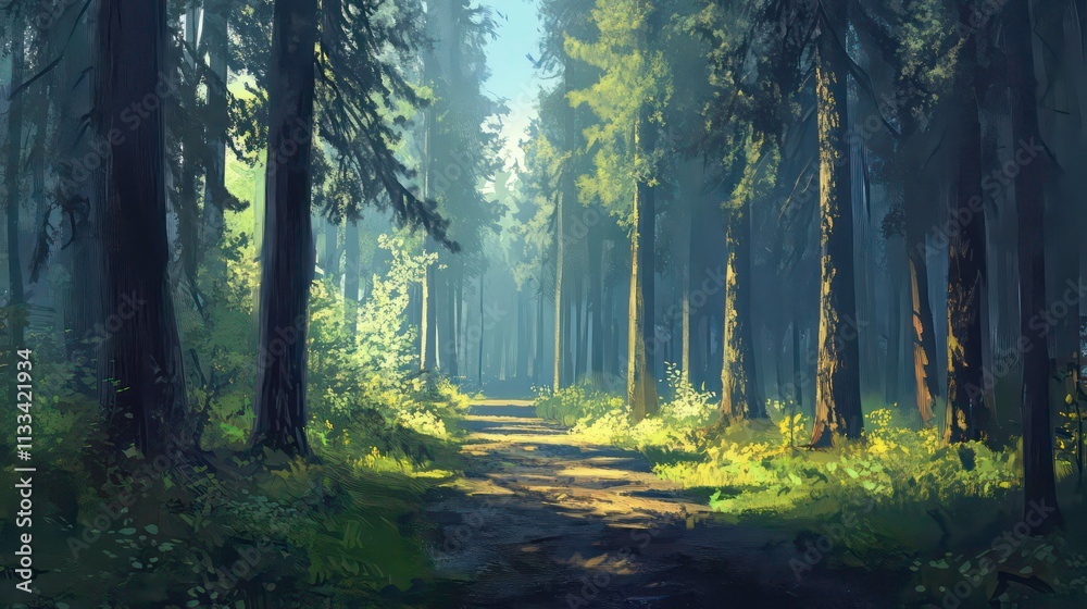 Obraz premium Sunlit path through a dense, mystical forest with tall trees and lush greenery.