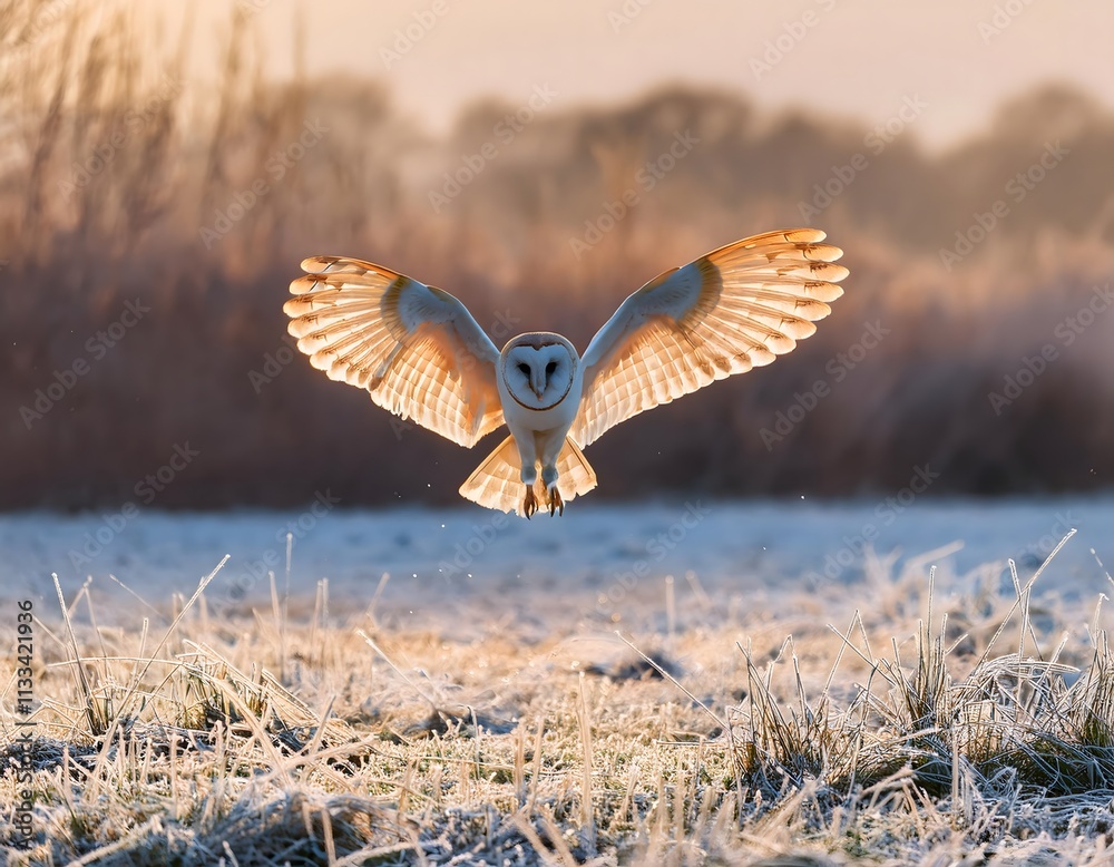 Fototapeta premium Barn owl flying low over a frosty field, wings wide open, with a misty winter morning glow