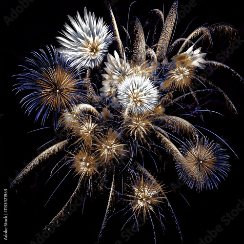 Festive Fireworks Display  Night Sky  Celebration  Golden  White  Blue Burst  Sparkle  Pyr photo