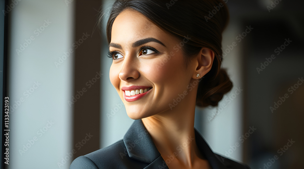 High-resolution stock photo a graceful and elegant young businesswoman with a happy, cheerful expression and refined features looks away. High-resolution stock photo a graceful and elegant young businesswoman with a happy, cheerful expression and refined features looks away.