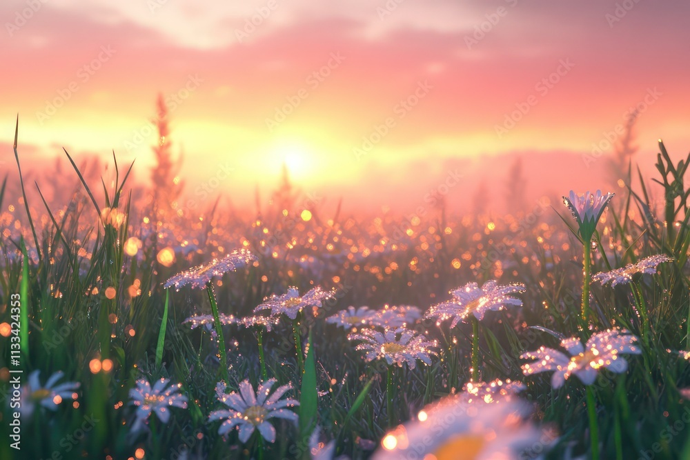 Naklejka premium A morning meadow with dew-covered flowers and a soft sunrise casting pink and orange light over the landscape.