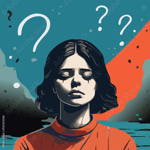 young woman feeling unwell and sad, thinking about problems and worries, illustration in dark blue and orange tones