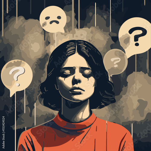 Portrait of a sad woman, theme of depression and mental health. Illustration in dark tones. Questions, problems, difficulties in life