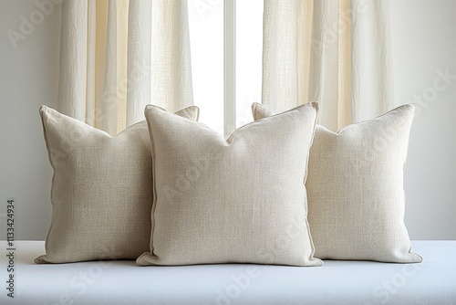Three beige linen throw pillows on a white couch near a window.