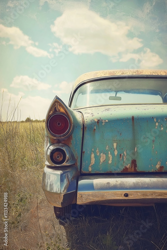 A weathered vintage car stands peacefully in a field, embodying the essence of nostalgia and freedom.