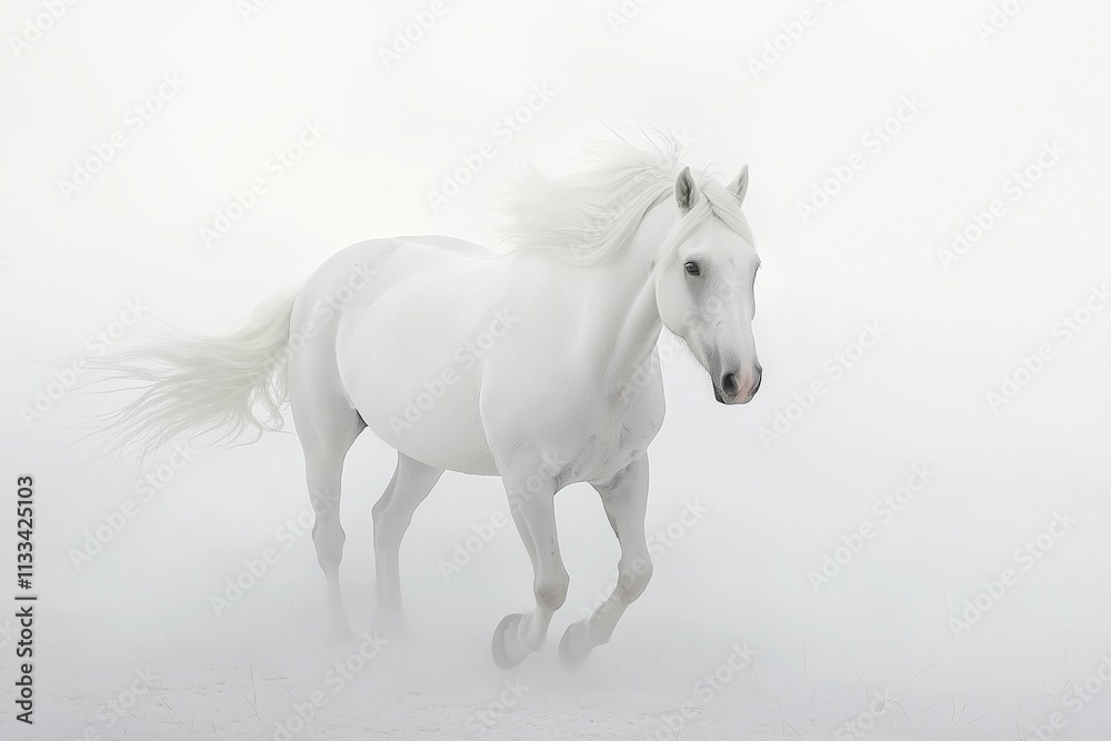 Naklejka premium A striking white horse gallops gracefully through fog.