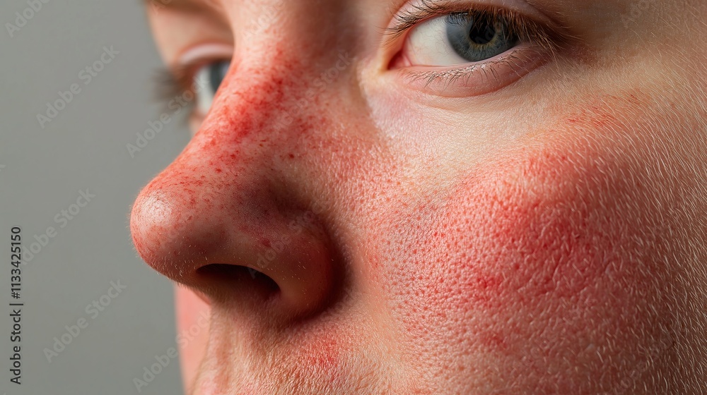 Close up of red irritated nose, emphasizing the discomfort and struggle of allergies or cold symptoms, highlighting the human vulnerability and resilience in the face of common ailments. Close up of red irritated nose, emphasizing the discomfort and struggle of allergies or cold symptoms, highlighting the human vulnerability and resilience in the face of common ailments.